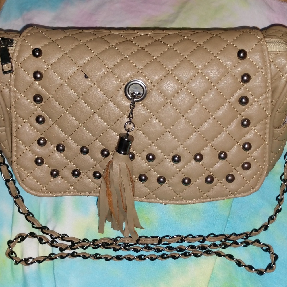 Tan studded shoulder bag